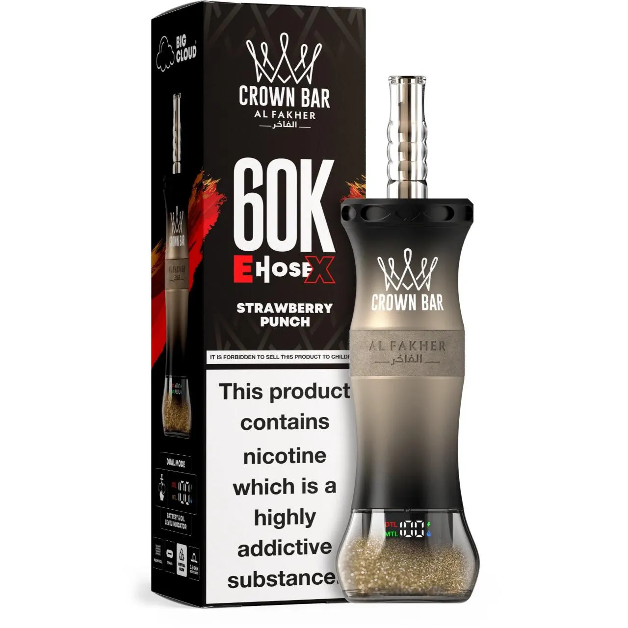 Al Fakher Crown Bar E Hose X 60k Puffs -5 packs (shipped from Overseas) - Strawberry Punch