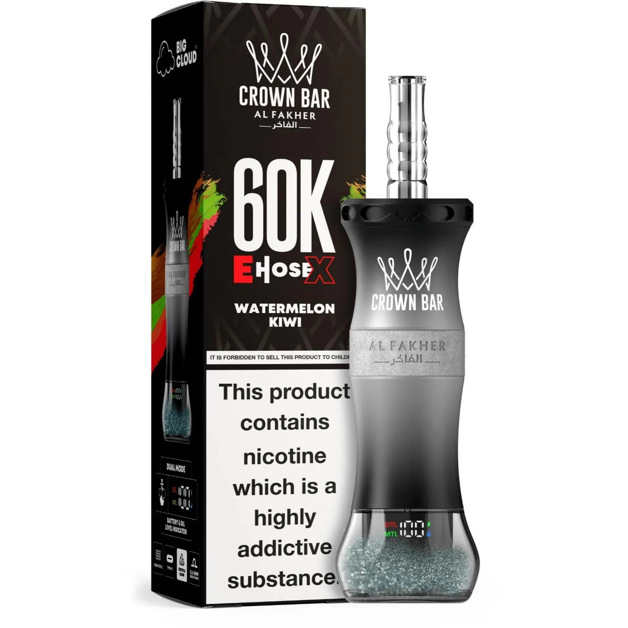 Al Fakher Crown Bar E Hose X 60k Puffs -10 packs (shipped from Overseas) - Watermelon Kiwi